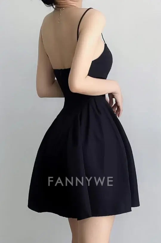 FannyWe Elegant Chic Black Spaghetti Straps A-Line Scoop Satin Short Homecoming Dress formal wear dresses
